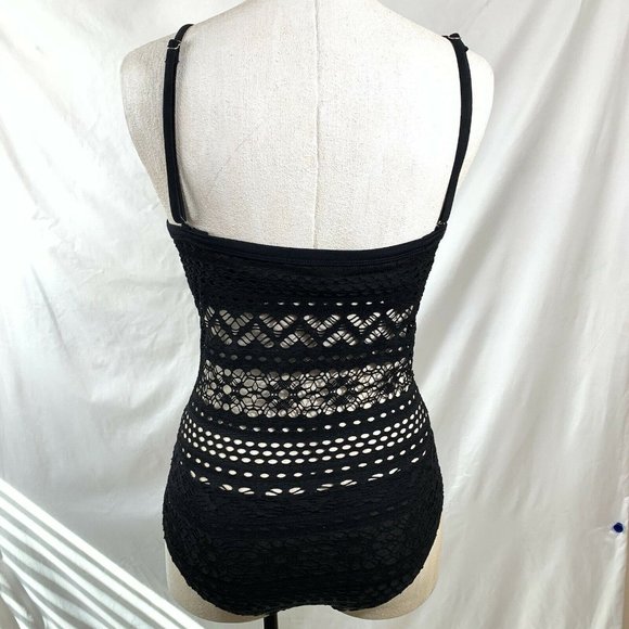 One Piece Swimsuit Size 2 Lightly Lined Black Lace Crochet Sweetheart Spaghetti - Picture 5 of 10